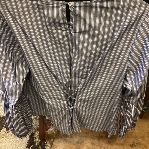 Blue vertical stripes long sleeve corset back blouse - Picture 3 of 5